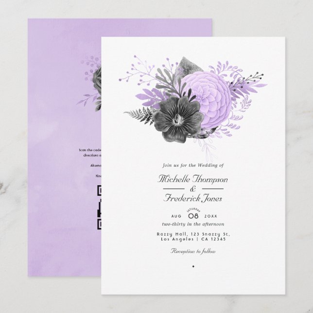 Invitation Lilac et charbon de bois Code QR RSVP Mariage (Devant / Derrière)