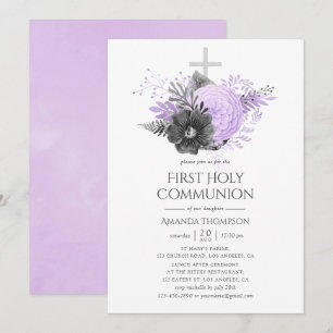 Invitation Lilac et charbon de bois Première communion sainte
