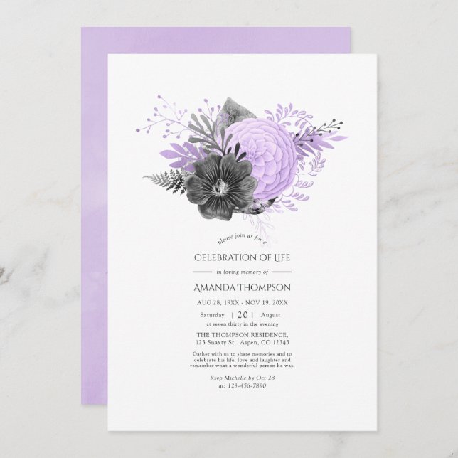 Invitation Lilac et Charcoal Floral Celebration of Life (Devant / Derrière)
