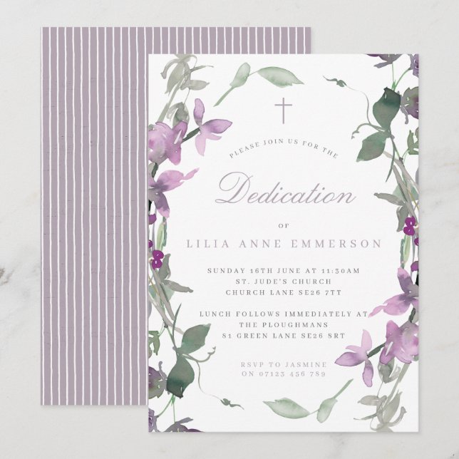 Invitation Lilac Fleurs sauvages & Cross Dedication Invitatio (Devant / Derrière)
