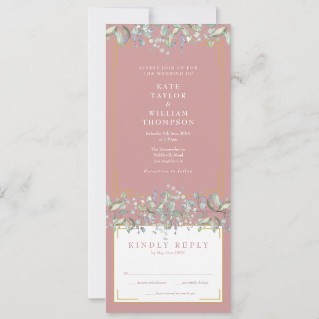 Invitation Lilac Folial Floral Dusty Rose tout en un Mariage (Devant)