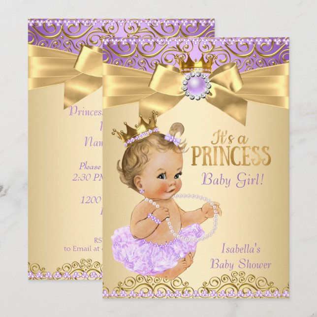 Invitation Lilac Gold Ballerina Princesse Baby shower Blonde (Devant / Derrière)
