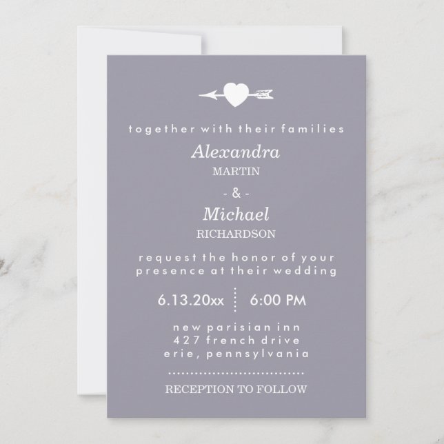 Invitation Lilac Grey avec Coeur et Flèche Mariage élégant (Devant)