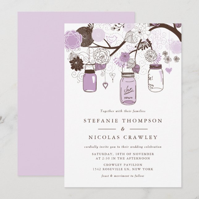 Invitation Lilac Hanging Mason Jars Mariage (Devant / Derrière)