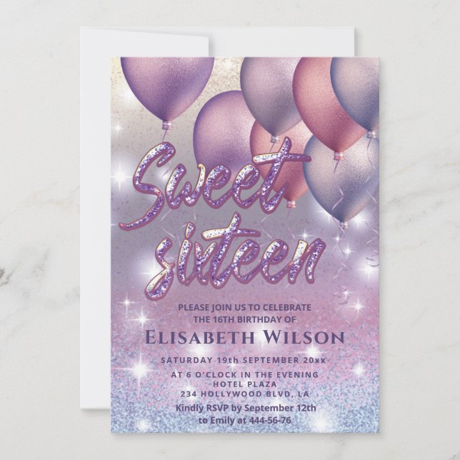 Invitation Lilac lavande étincelante literie ombre ballon (Devant)