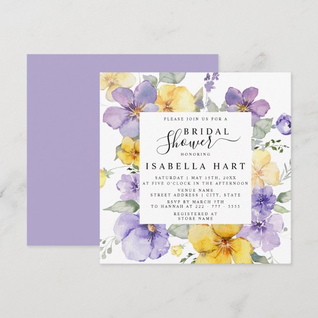 Invitation Lilac Lavande Jaune Purple Fête des mariées Floral (Devant / Derrière)