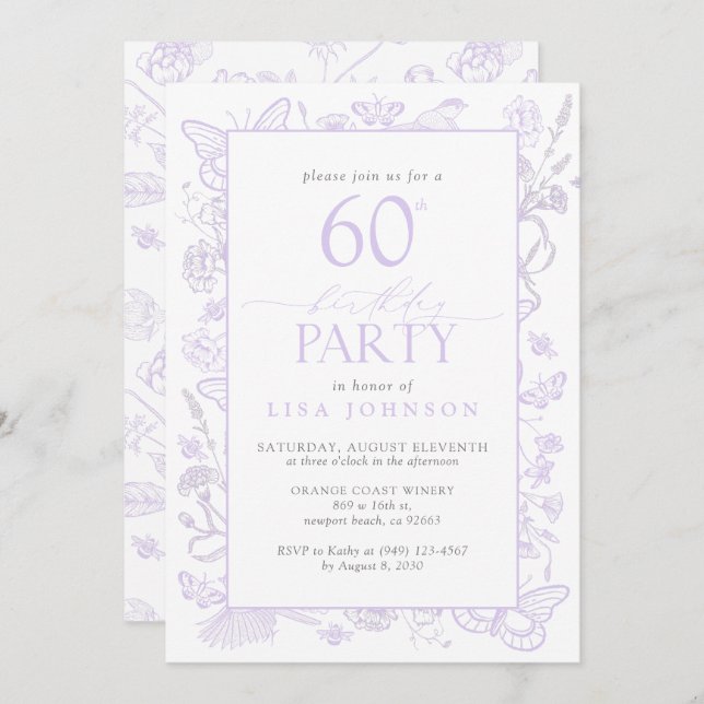 Invitation Lilac Lavender 60e fête d'anniversaire Fleurs élég (Devant / Derrière)