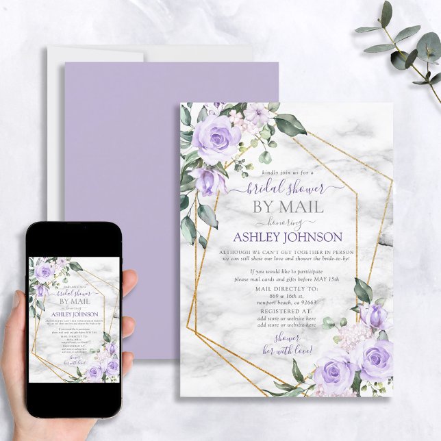 Invitation Lilac Lavender Gold Marble Floral Douche par courr (Créateur téléchargé)