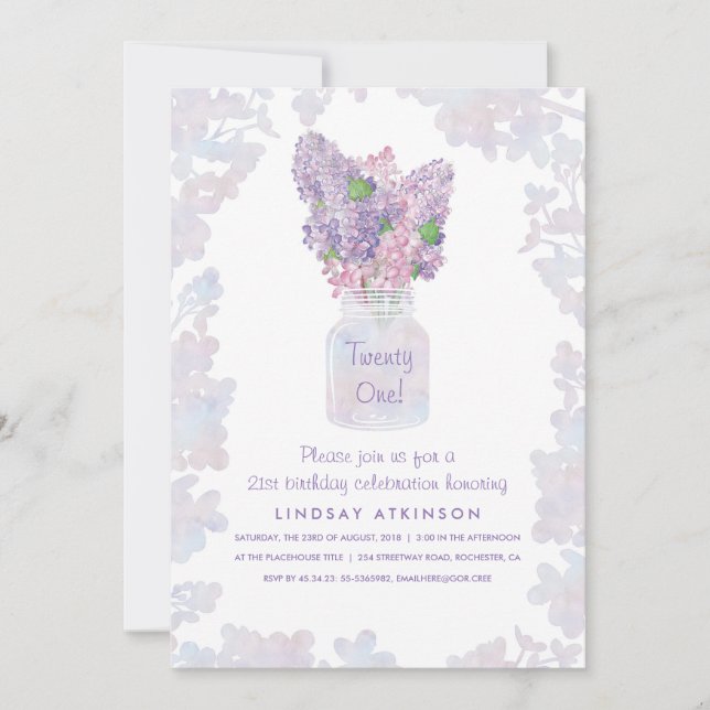 Invitation Lilac Mason Jar | Watercolor Floral fête d'anniver (Devant)