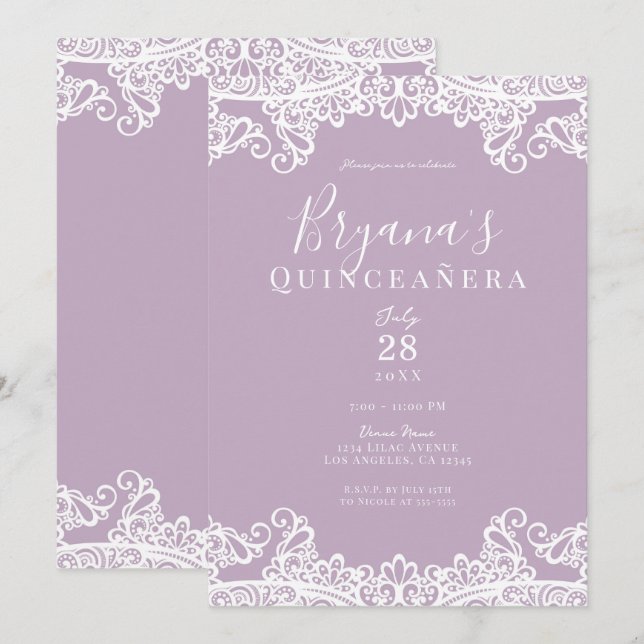 Invitation Lilac Mauve & Blanche dentelle Elégante Quinceañer (Devant / Derrière)