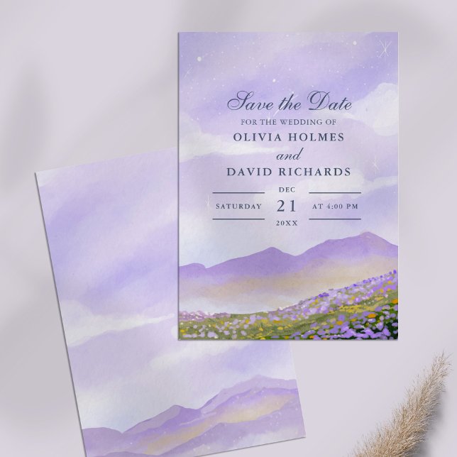 Invitation Lilac Night Sky Mountains Champs Enregistrer la da (Lilac Night Sky Mountains Fields Save the Date Invitation on a lilac table.)