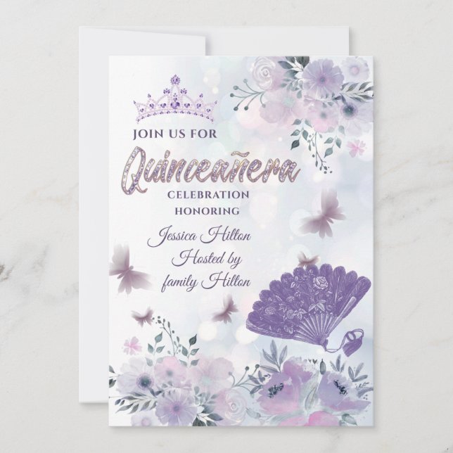 Invitation Lilac Papillon à main florale ventilateur tiara Qu (Devant)