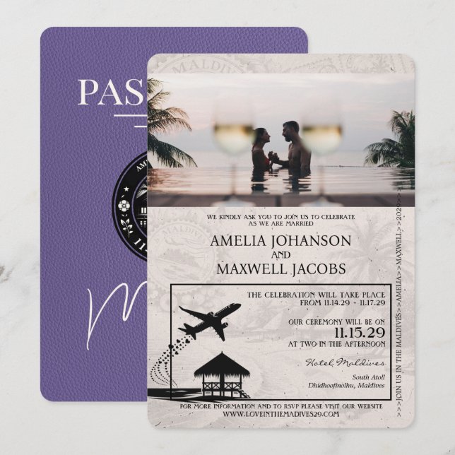 Invitation Lilac Purple Maldives Mariage de passeport (Devant / Derrière)