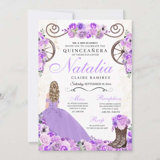 Invitation Lilac Purple Ranchero Princesse Robe Quinceanera (Devant)