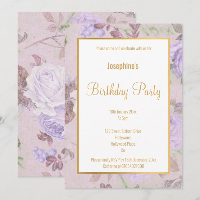 INVITATION LILAC PURPLE ROSE OR BLANC ANNIVERSAIRE PERSONNALI (Devant / Derrière)