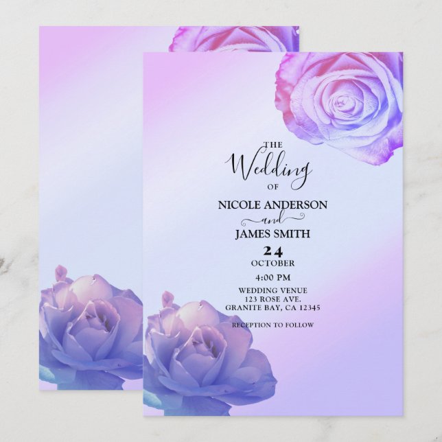 Invitation Lilac Purple Roses brillant Élégant Mariage floral (Devant / Derrière)