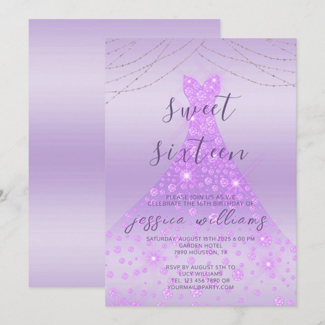 Invitation Lilac Sequin Ball Gown & Lights Sweet 16 anniversa (Devant / Derrière)