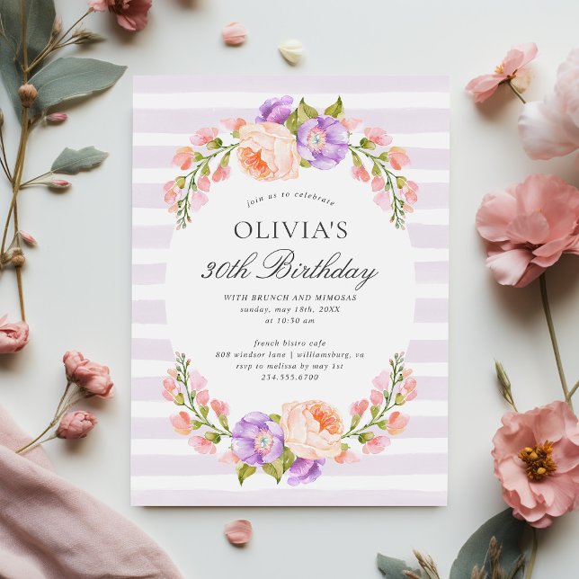 Invitation Lilac Stripe et Fleur Anniversaire Brunch Party (Créateur téléchargé)
