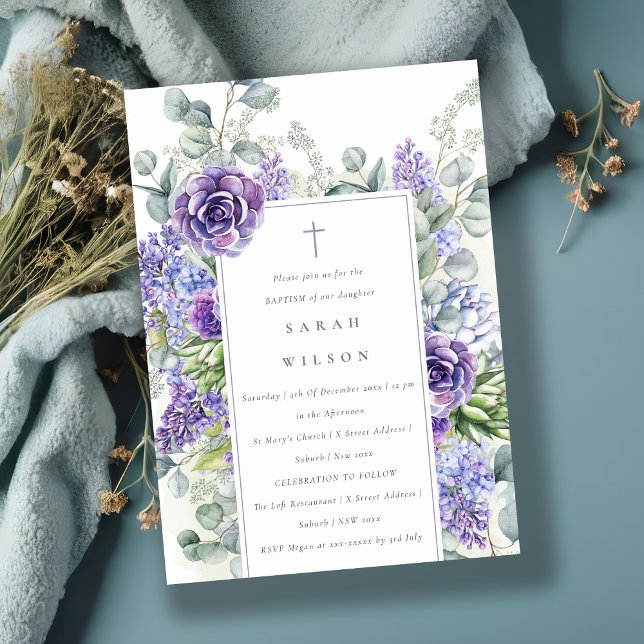 Invitation Lilac Succulent Eucalyptus Botanique Cadre Baptême (Créateur téléchargé)