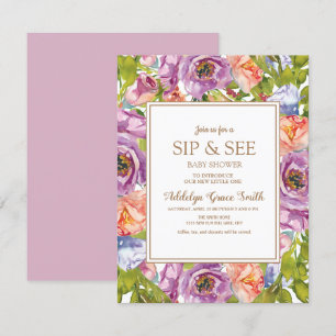 Invitation Lilac Violet Rose Floral Sip See Baby Shower