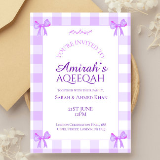 Invitation Lilac White Gingham Bébé Fille Musulmane Aqeeqah A