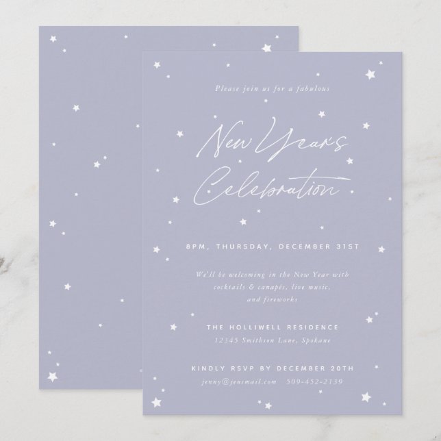 Invitation Lilac+White Script Étoiles éparpillées Fête du Nou (Devant / Derrière)