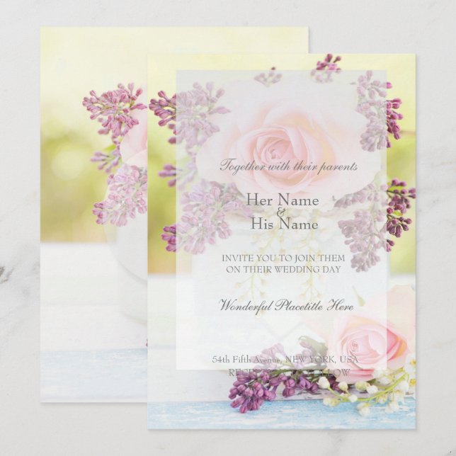 Invitation Lilacs et mariage vintage Rose (Devant / Derrière)
