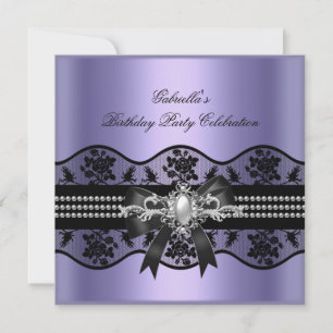 Invitation Lilas Élégant Perle à Dentelle Noire Fête d'Annive