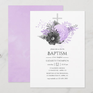 Invitation Lilas et floral Baptême au Charbon