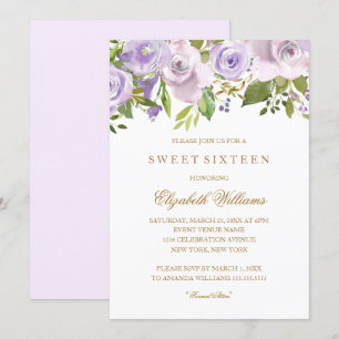 Invitation Lilas Violet Fleurs Aquarelle Sweet Sixteen