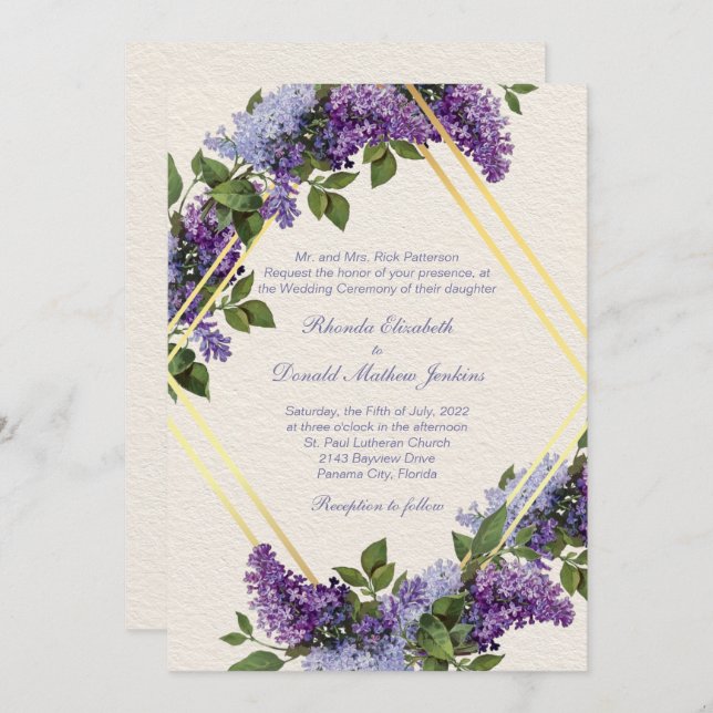 Invitation Lilics violets Mariage romantique (Devant / Derrière)