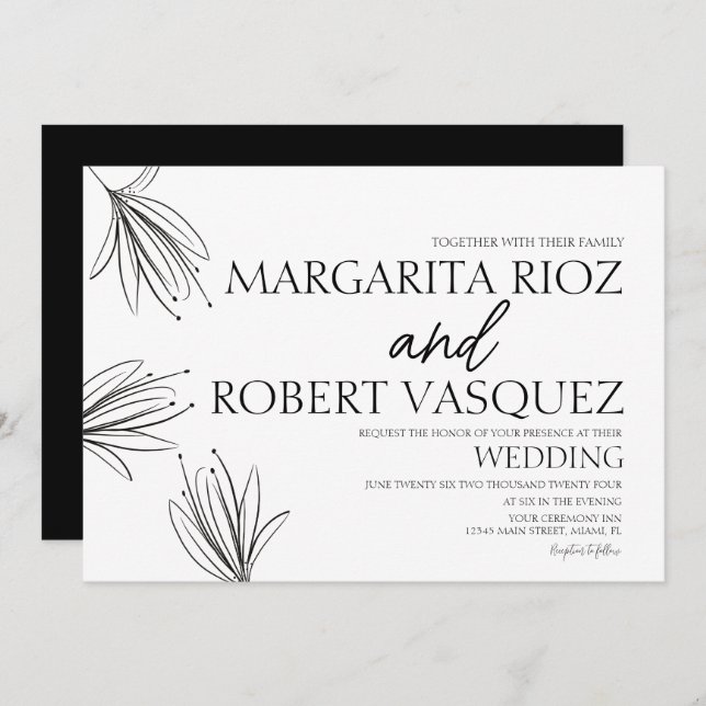 Invitation Lilies main tiré élégant Mariage de script (Devant / Derrière)