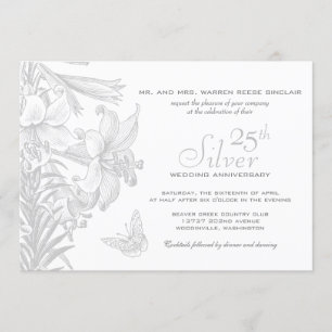 Invitation Lilies Papillon Argent 25e Anniversaire de Mariage