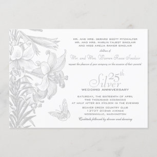 Invitation Lilies Papillons Argent 25e Anniversaire de Mariag