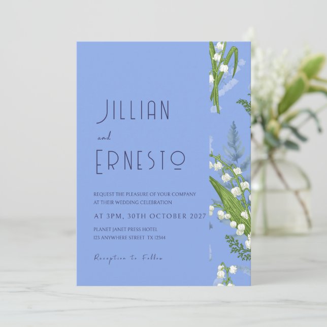 Invitation Lily de Valley || Bleu clair solide avec bord (Debout devant)