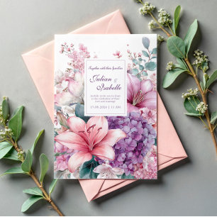 Invitation Lily élégante rose Hydrangea lilas pourpre
