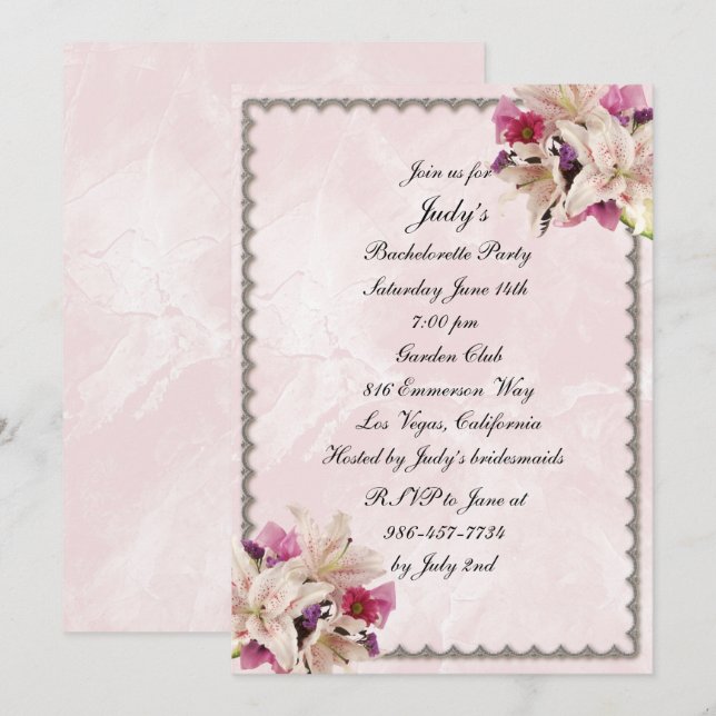 Invitation Lily Floral Marbre rose Mariage Bachelorette Party (Devant / Derrière)