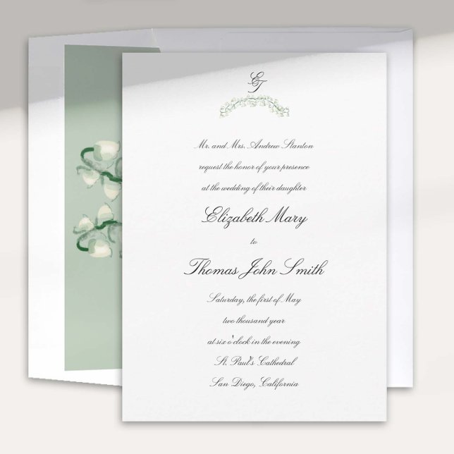 Invitation Lily Valley Arch Script Mariage traditionnel offic (lily valley formal classic wedding invitation card watercolor arch crest monograms calligraphy)