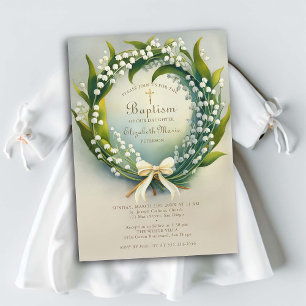 Invitation Lily Valley Gold Cross Wreath Bow Girl Baptism