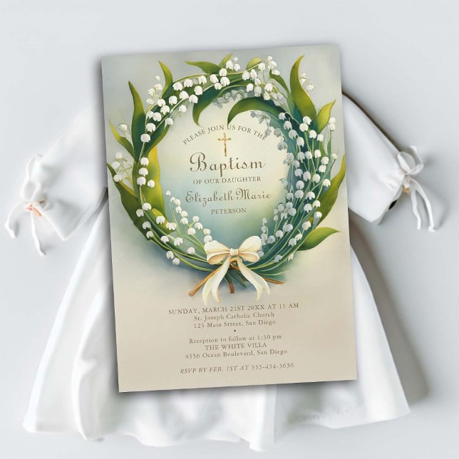 Invitation Lily Valley Gold Cross Wreath Bow Girl Baptism (girl baptism invitation christening lily of the valley wreath elegant formal classic sweet delicate )