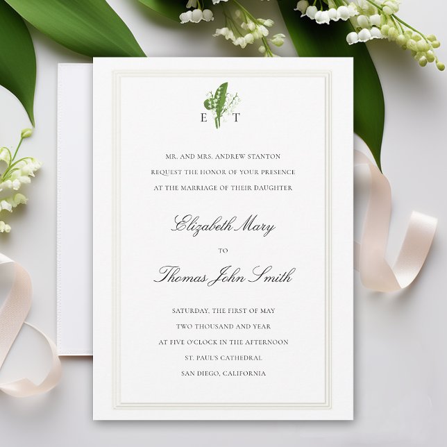 Invitation Lily Valley Monograms Faux Embossés Mariage offici (lily of the valley wedding invitation formal traditional calligraphy monograms art unique elegant )