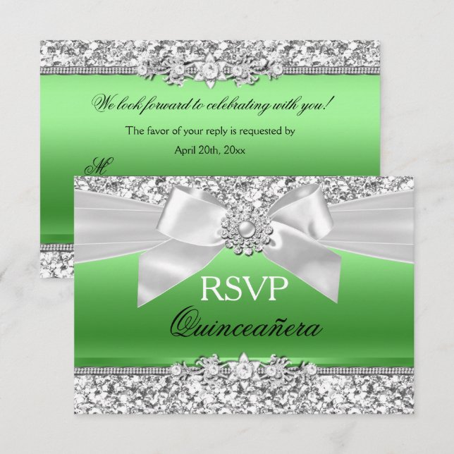 Invitation Lime d'argent Parties scintillant verte Bow Quince (Devant / Derrière)