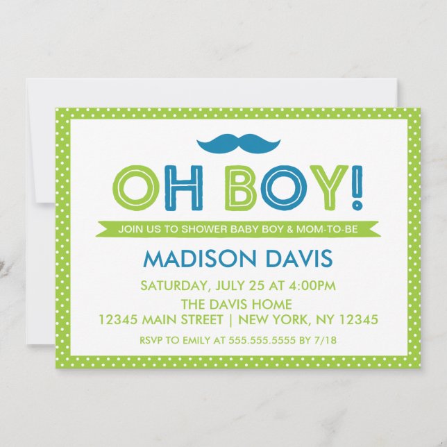 Invitation Lime Green et bleu Polka Dot Oh Baby shower garçon (Devant)