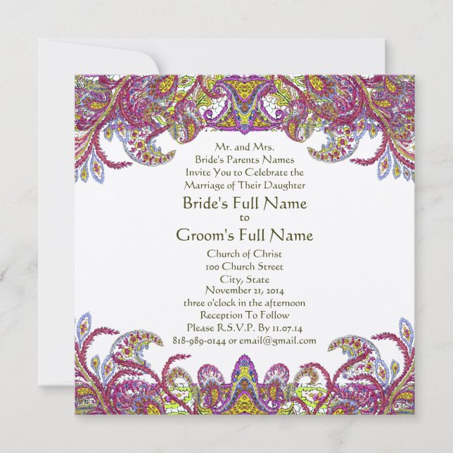 Invitation Lime Green et Raspberry Mariage damassé (Devant)