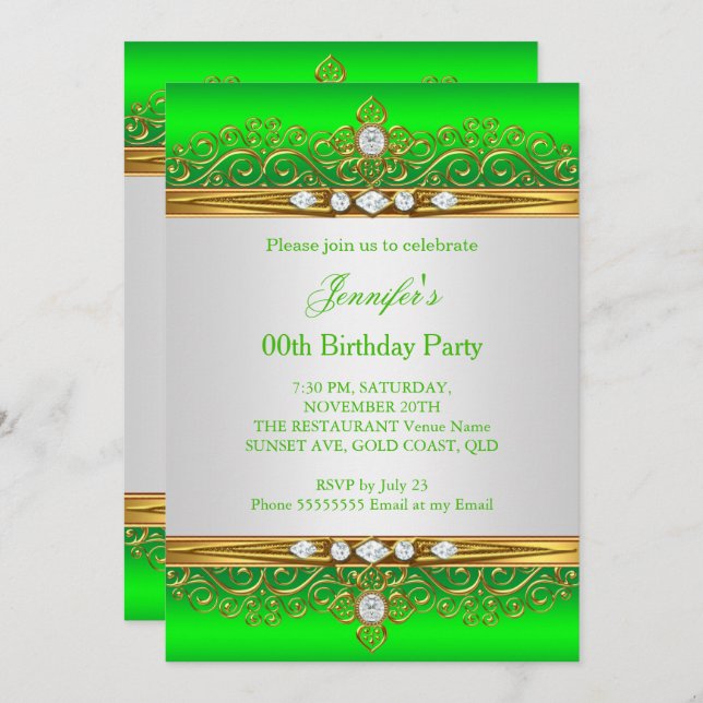 Invitation Lime Green Gold White Diamond Anniversaire (Devant / Derrière)