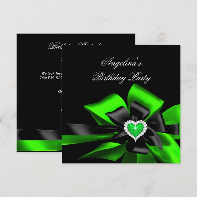 Invitation Lime Green Heart Black Bow Image Anniversaire (Devant / Derrière)