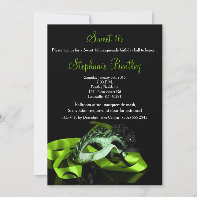 Invitation Lime Green Masquerade Sweet 16 Anniversaire Invita (Devant)