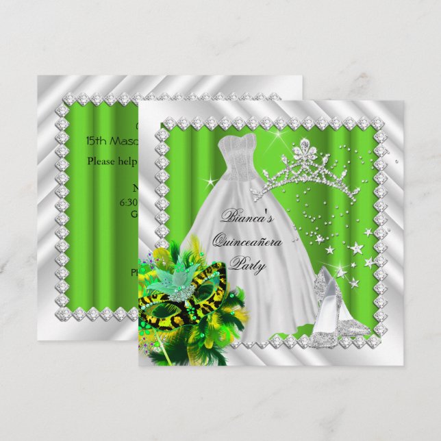 Invitation Lime Green Quinceanera 15ème Masquerade Party (Devant / Derrière)