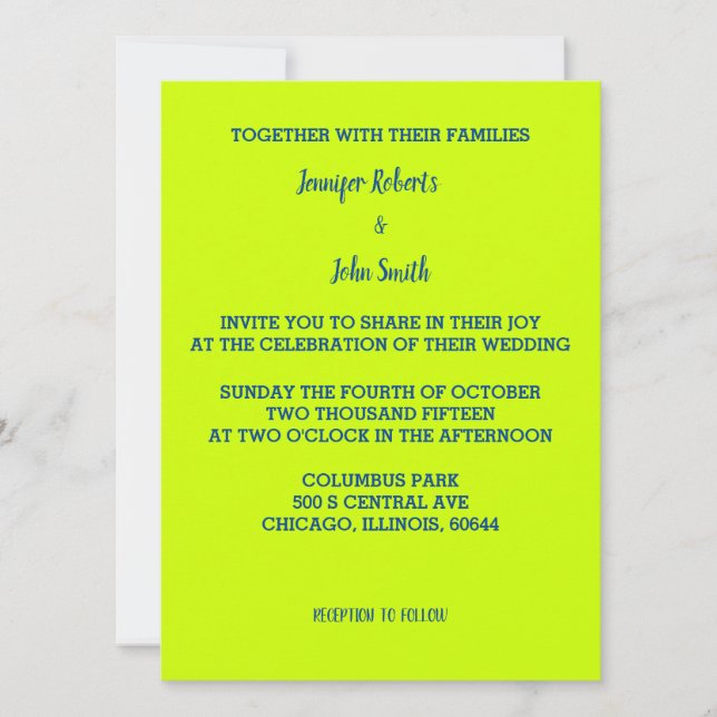 Invitation Lime Vert Bleu Mariage brillant couleur simple (Devant)