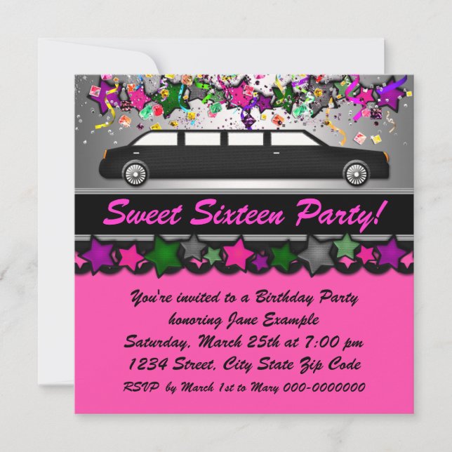 Invitation Limousine rose chaude fête d'anniversaire (Devant)